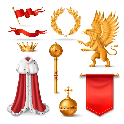 Royal symbols realistic icons set with kings crown and laurel wreath isolated vector illustration