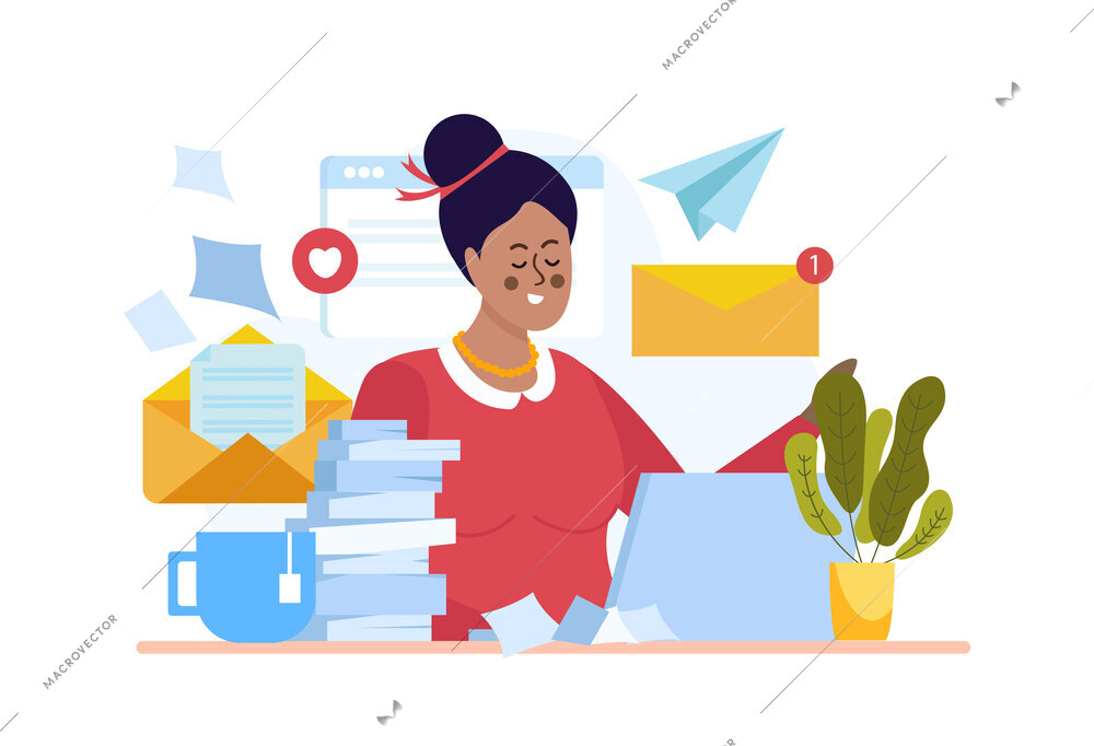 Email subscribe flat concept with woman working at laptop and receiving promo messages vector illustration
