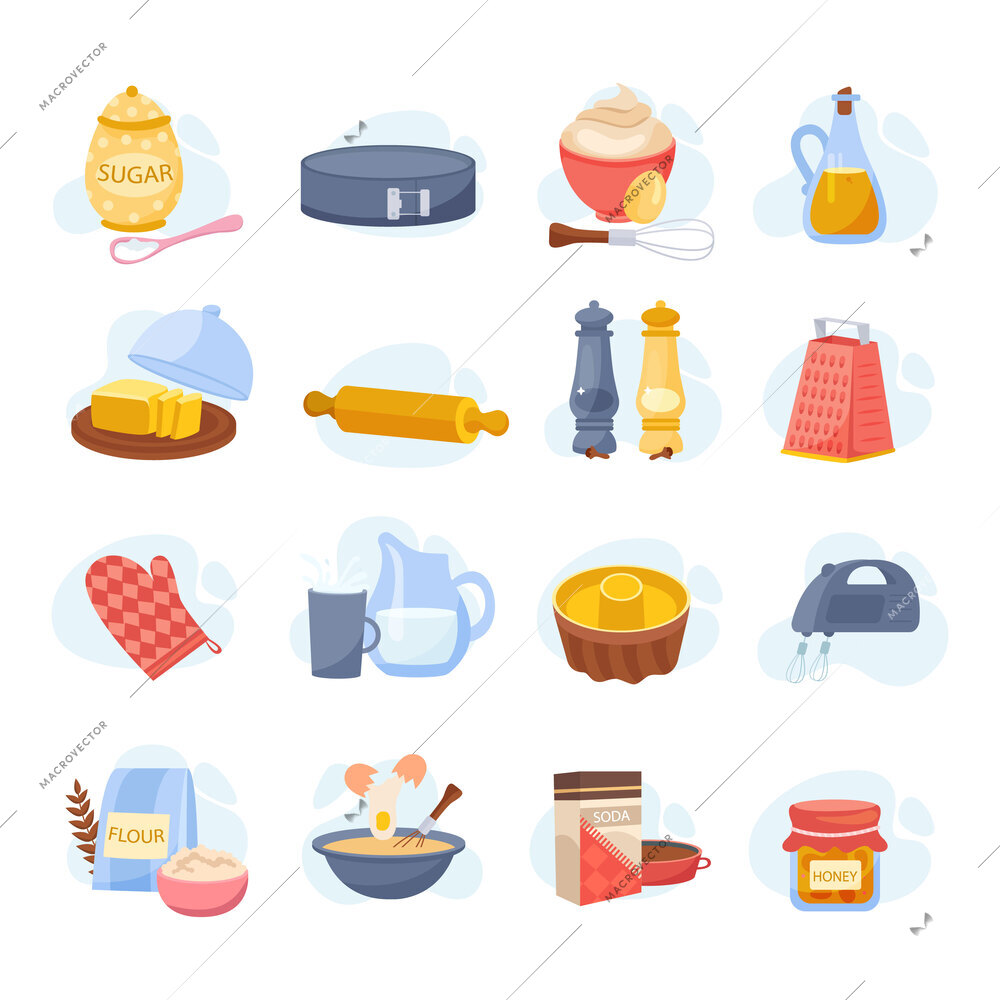 Baking ingredients tools and utensil flat set of spices butter flour eggs milk mixer grater isolated vector illustration