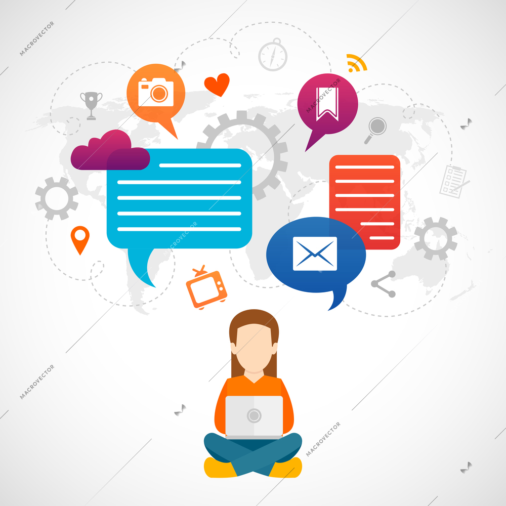 Sitting woman working on computer with communication icons world map on background vector illustration