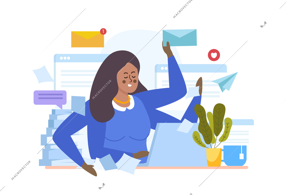 Multitasking people flat composition with four armed woman working online at laptop with email correspondence  vector illustration