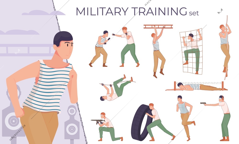 Military training flat composition of text and set with isolated characters of recruits performing army exercises vector illustration