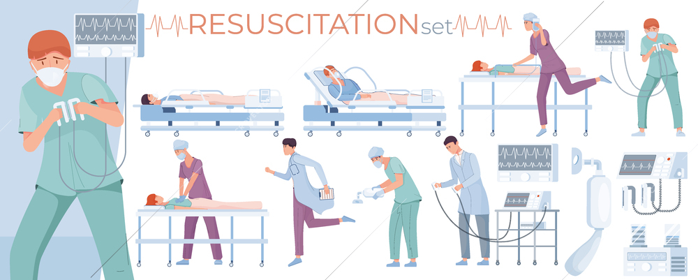 Resuscitation intensive care set of flat isolated compositions with ambulance carts medical equipment and doctor characters vector illustration