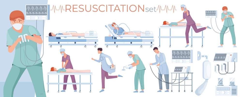 Resuscitation intensive care set of flat isolated compositions with ambulance carts medical equipment and doctor characters vector illustration