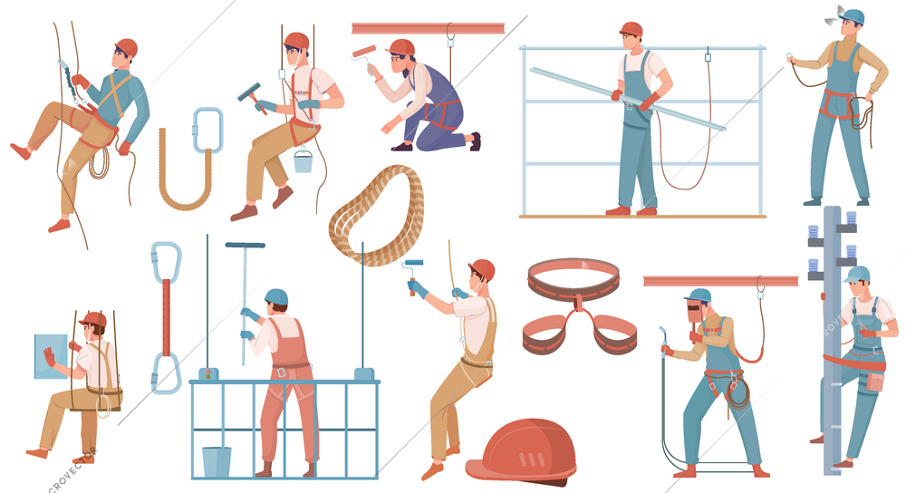 Industrial climber flat set of isolated icons with human workers in uniform working on high attitude vector illustration