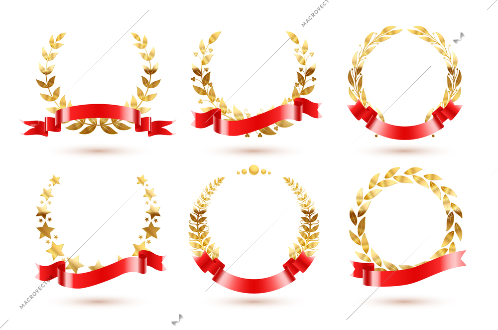 Ribbon wreath set with isolated compositions of festive red ribbons and golden leaves of different shape vector illustration