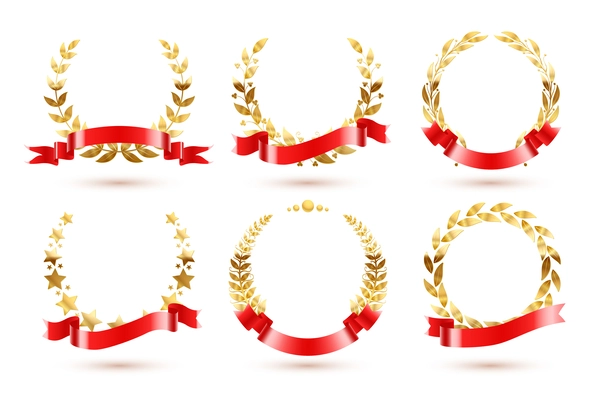 Ribbon wreath set with isolated compositions of festive red ribbons and golden leaves of different shape vector illustration