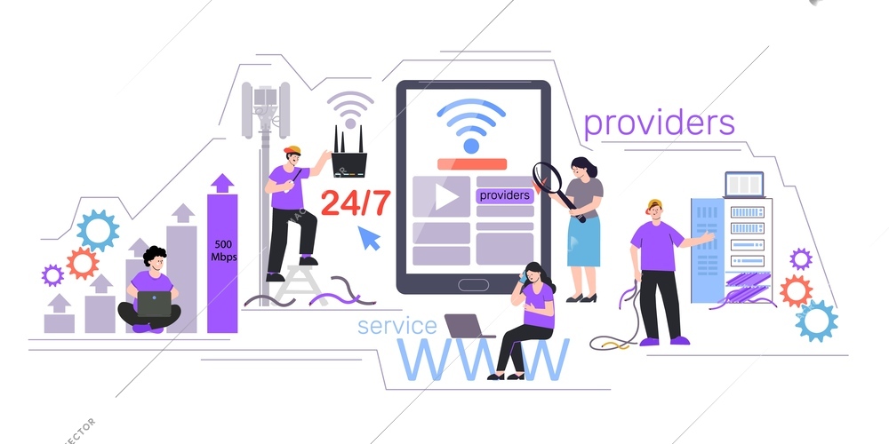 Internet installation provider flat composition with gear icons arrows antennas and people with routers and gadgets vector illustration