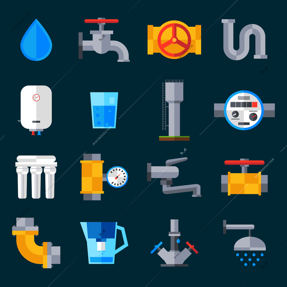 Water supply icons set with bathroom sink and shower equipment isolated vector illustration