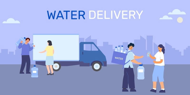 Water delivery flat composition with editable text and cityscape scenery with truck and people delivering water vector illustration