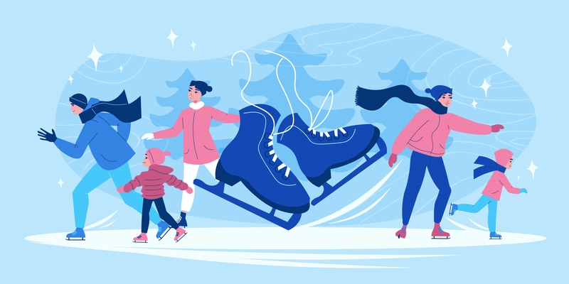 Ice skating concept with outdoor activity symbols flat vector illustration