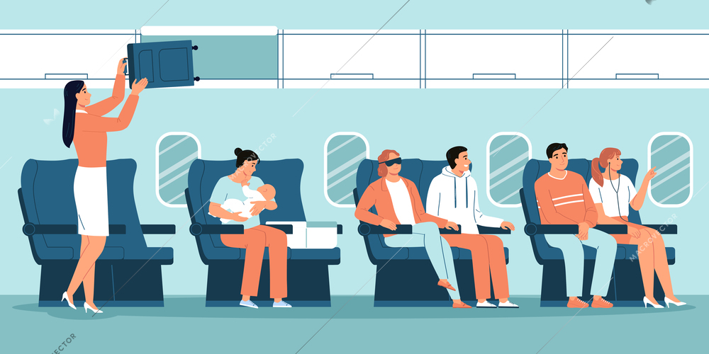 Airplane interior composition with view of baggage passengers on seats wearing sleeping masks headphones nursing babies vector illustration
