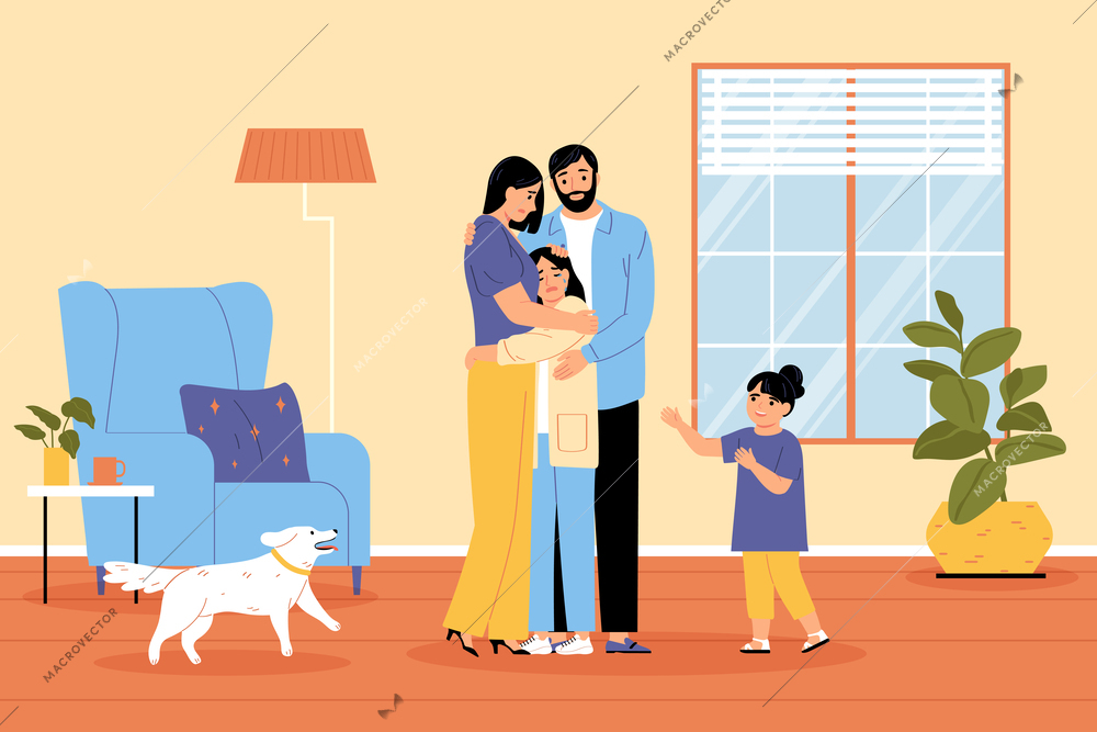 Parents support children composition with living room scenery and parents characters embracing teenage girl in tears vector illustration