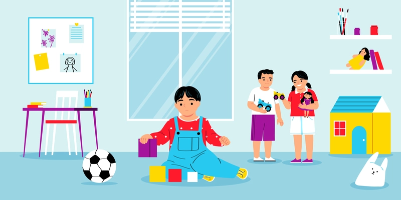 Autism playing alone composition with kindergarten scenery and child playing cubes by himself while others together vector illustration