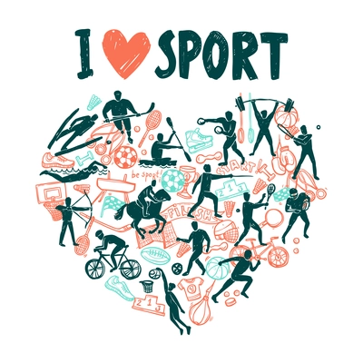 Love sport concept with hand drawn athletes in hears shape vector illustration