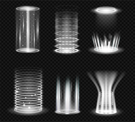 Realistic teleportation portals set with isolated monochrome shapes of motion lines and particles on transparent background vector illustration