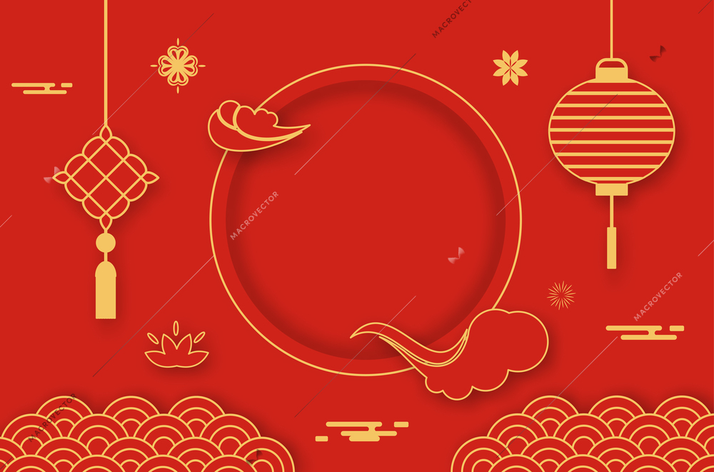 Red card with traditional chinese patterns lantern and festive signs flat vector illustration