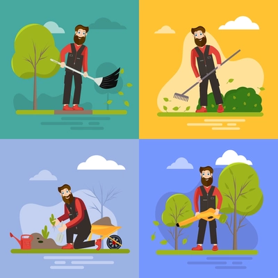 Professional gardeners 2x2 design concept set of four square compositions with people digging beds planting seedlings cleaning garden flat vector illustration