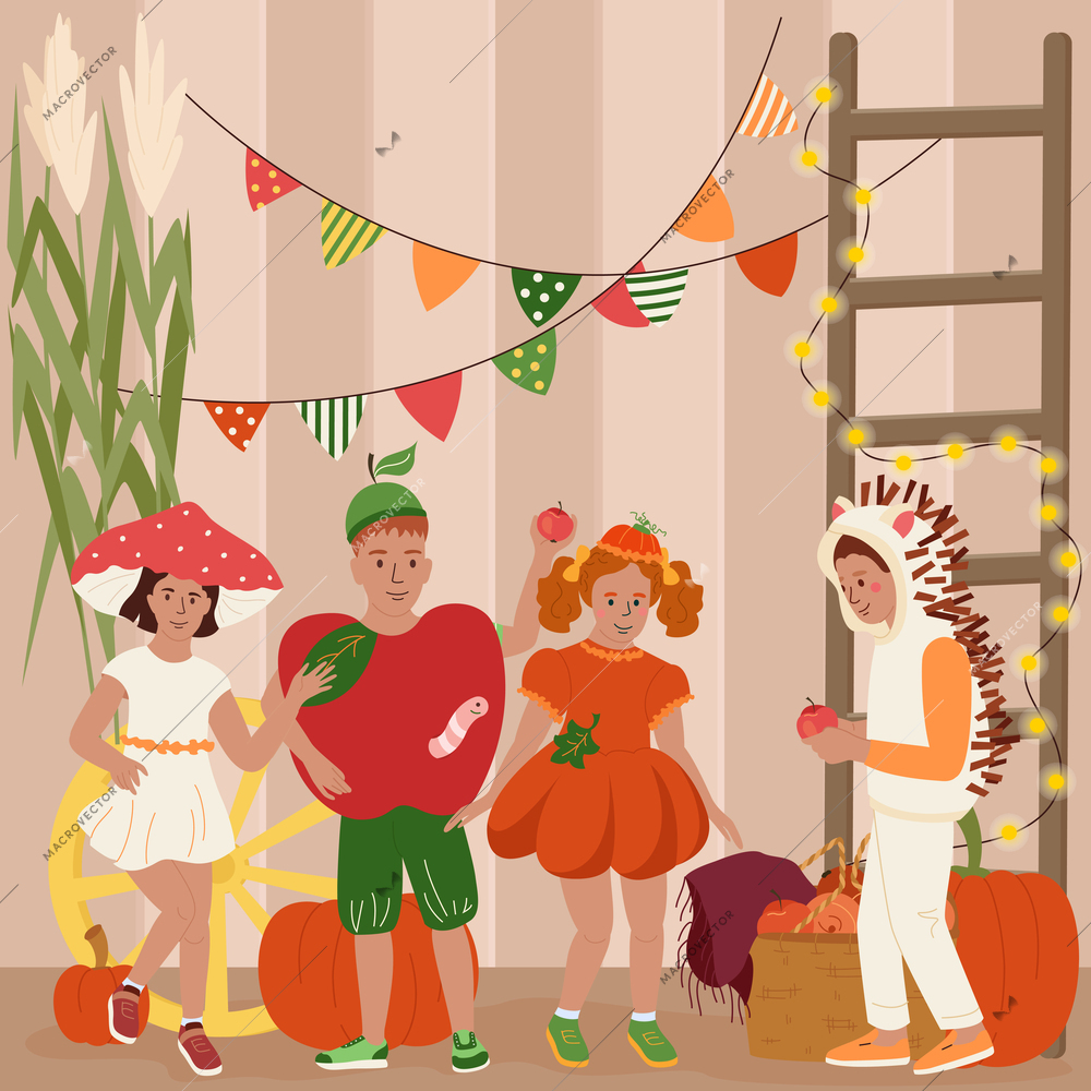 Kids wearing costumes of mushroom apple pumpkin hedgehog at harvest festival party flat vector illustration