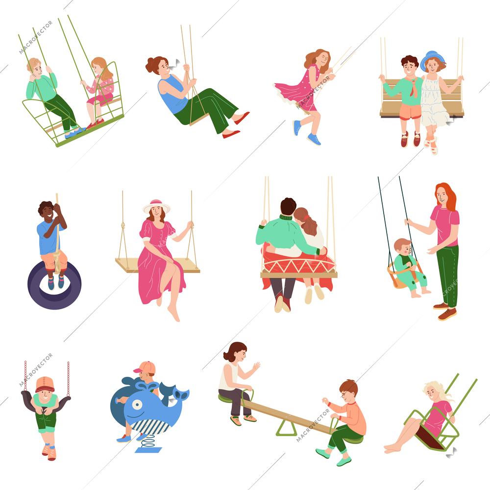 Human characters on swings flat set with adults and children swinging outdoors isolated vector illustration