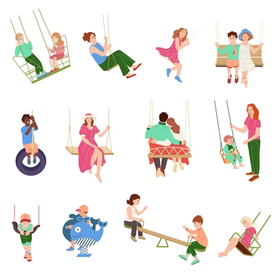 Human characters on swings flat set with adults and children swinging outdoors isolated vector illustration