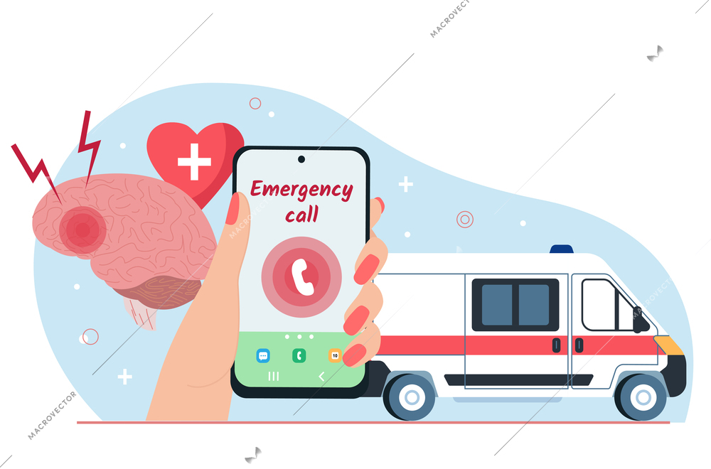 Stroke flat composition with emergency call ambulance and human brain vector illustration
