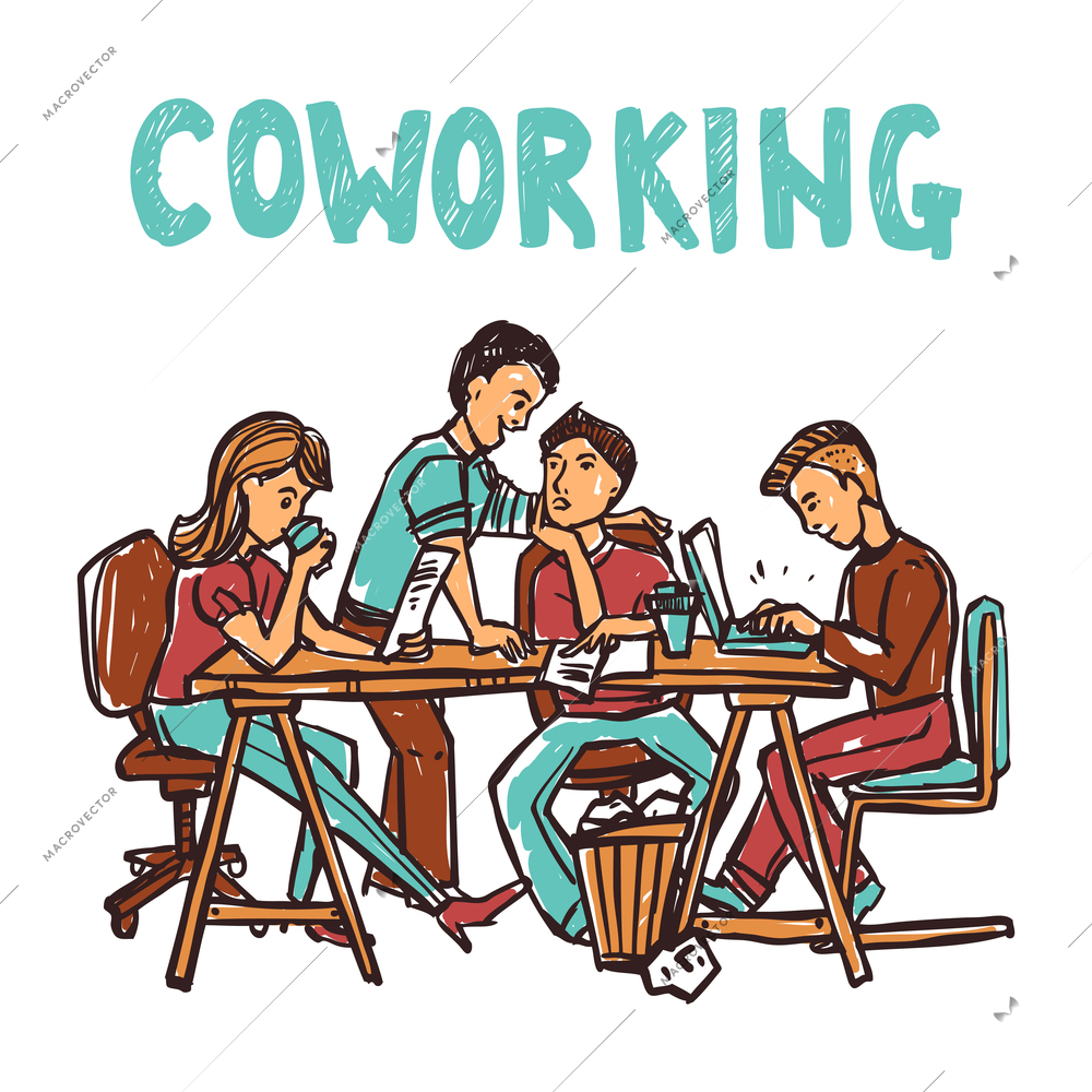 Coworking center with business workgroup at the table sketch vector illustration