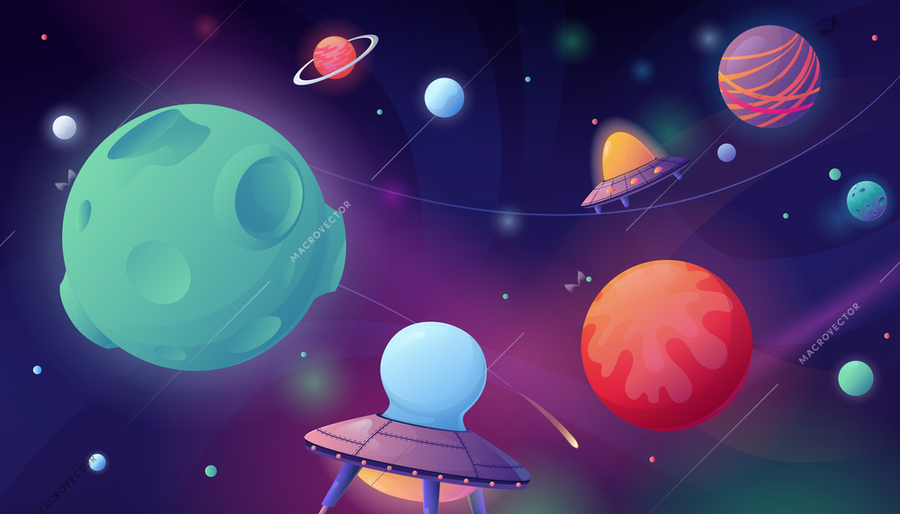 Space cartoon style composition with neon glowing outer space scenery and colorful planets with flying ufo vector illustration