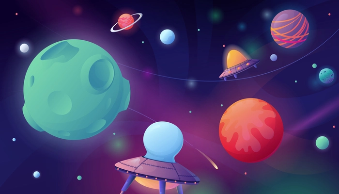 Space cartoon style composition with neon glowing outer space scenery and colorful planets with flying ufo vector illustration