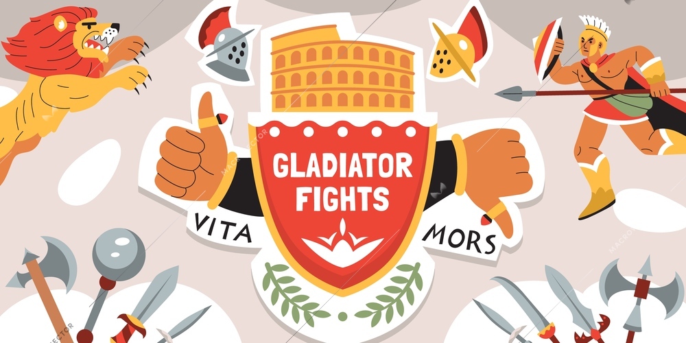 Gladiator fights composition with collage of flat blade weapon images armour jumping lion and warrior characters vector illustration