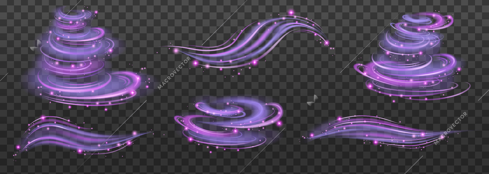 Wind swirls and vortex transparent set with magic symbols realistic isolated vector illustration