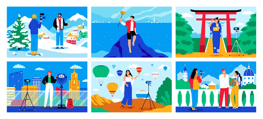 Set with horizontal compositions of outdoor landscapes with sights and human characters shooting on camera recorders vector illustration