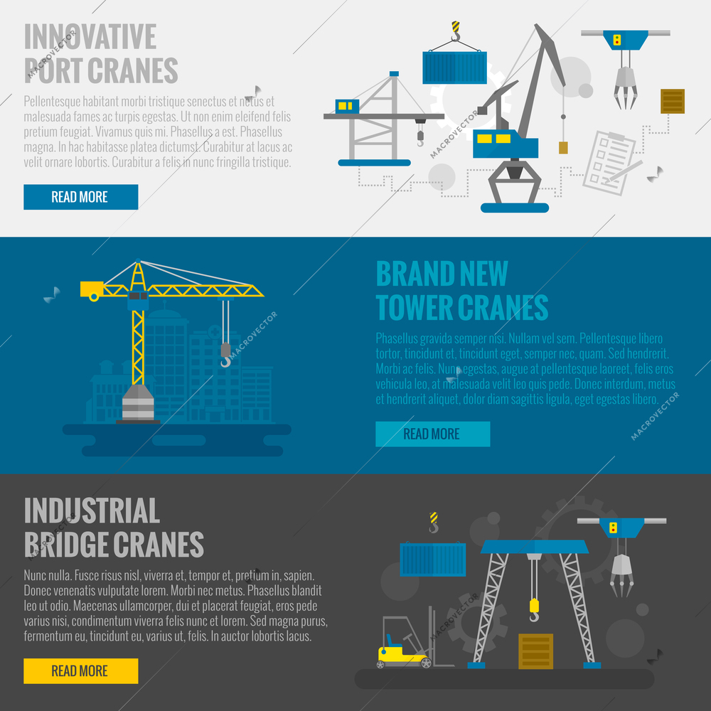 Lifting equipment horizontal banner set with cargo and construction cranes elements isolated vector illustration