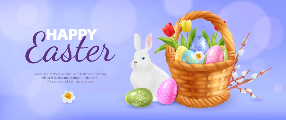 Realistic easter poster with horizontal composition of editable ornate text and flowers and eggs in basket vector illustration