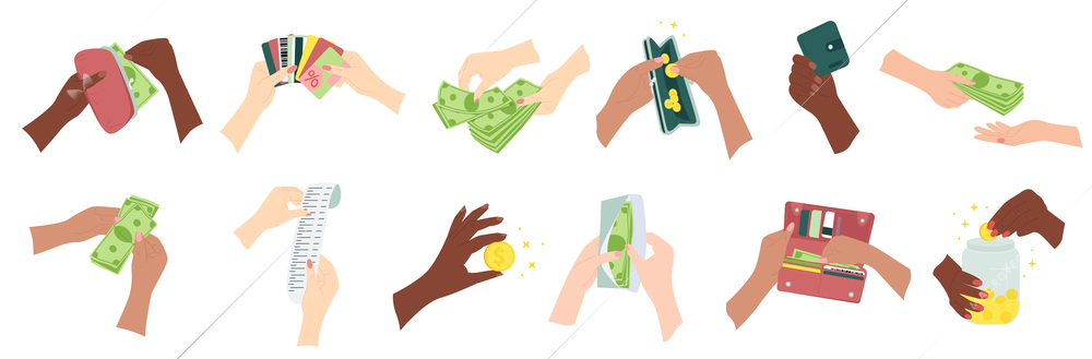 Hands with money set of flat isolated icons holding cash cards and wallets on blank background vector illustration