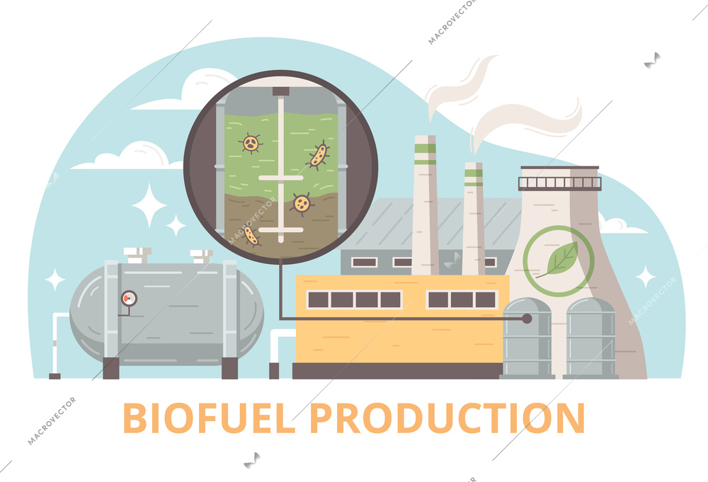 Biofuel production flat design concept demonstrating processing plant for converting biomass into energy by anaerobic digestion method vector illustration