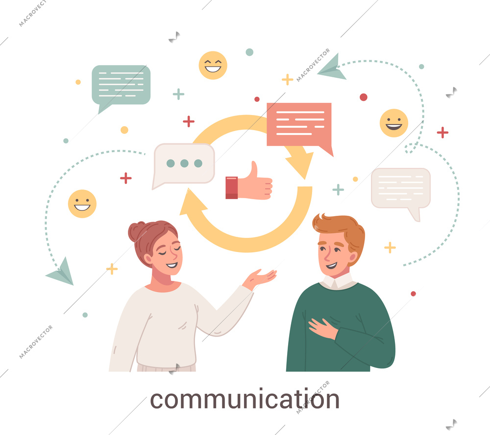 Communication cartoon design concept with social networks signs and young pare talking to each other flat vector illustration
