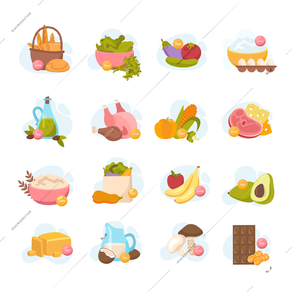 Macronutrients flat icons collection with isolated compositions of food images with raw vegetables fruits and meat vector illustration