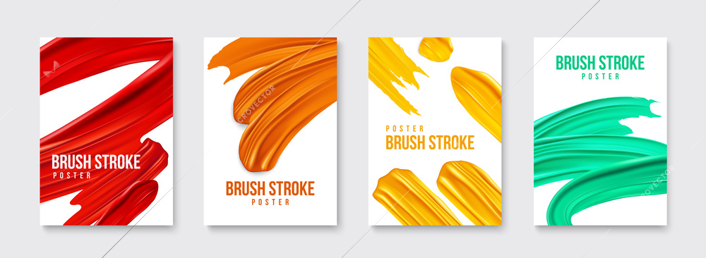 Realistic brush strokes poster set with four isolated vertical backgrounds editable text and curvy dashes images vector illustration