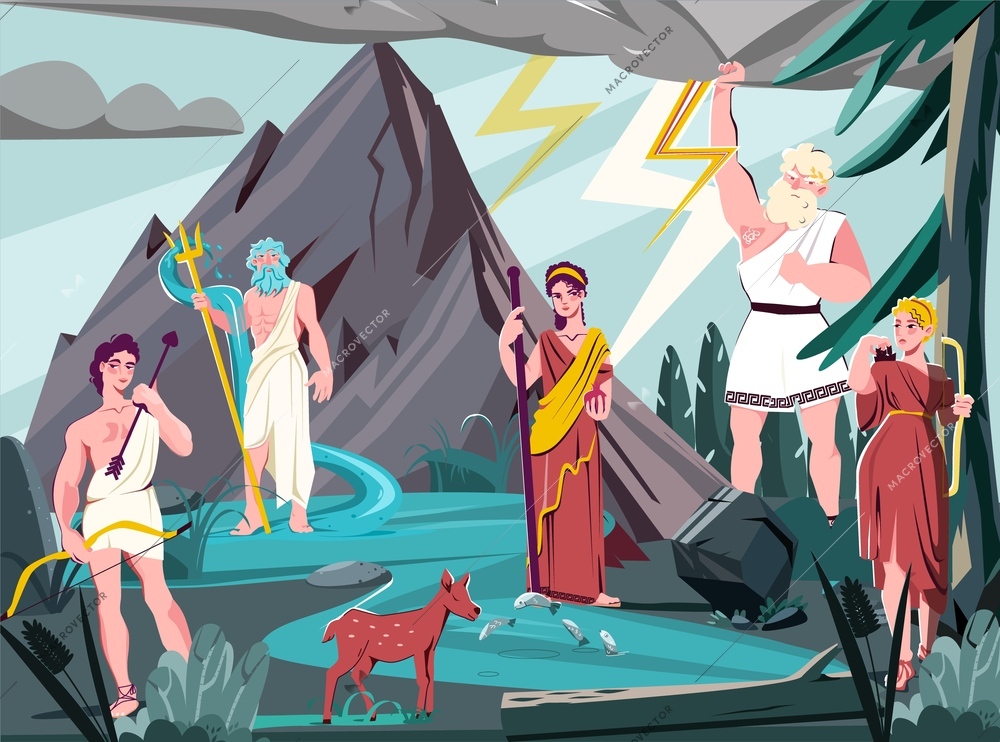 Olympian gods flat colored composition gods standing in the natural landscape against a background of mountains forests and water vector illustration