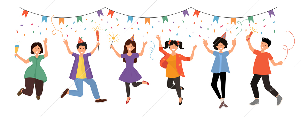 Jolly people celebrating holiday together with sparklers confetti festive attributes cartoon composition flat vector illustration