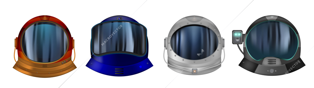 Astronaut helmets for space exploration and flight in cosmos realistic set of different colorful modifications with clear glass  isolated vector illustration