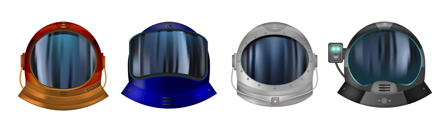 Astronaut helmets for space exploration and flight in cosmos realistic set of different colorful modifications with clear glass  isolated vector illustration
