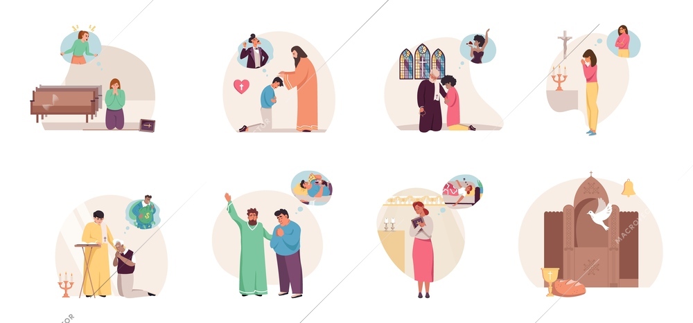 Sin religion flat set with isolated round compositions with reconciliation room and people kneeling in prayer vector illustration