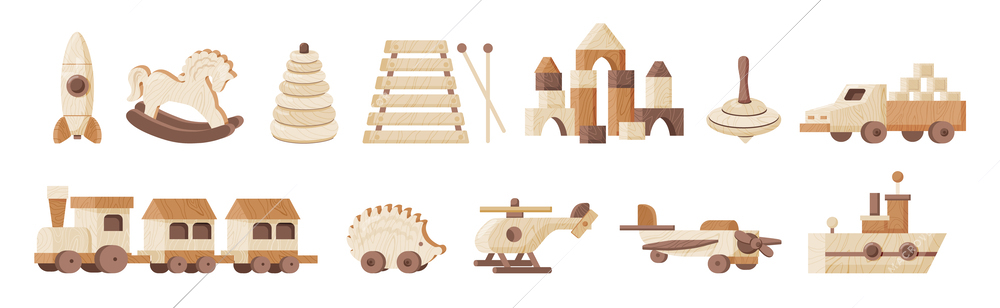 Vintage wooden toys flat set with  helicopter whirligig rocket pyramid ship train isolated vector illustration