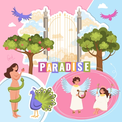 Paradise bible composition with collage of flat images with heaven gates apple of discord and angels vector illustration