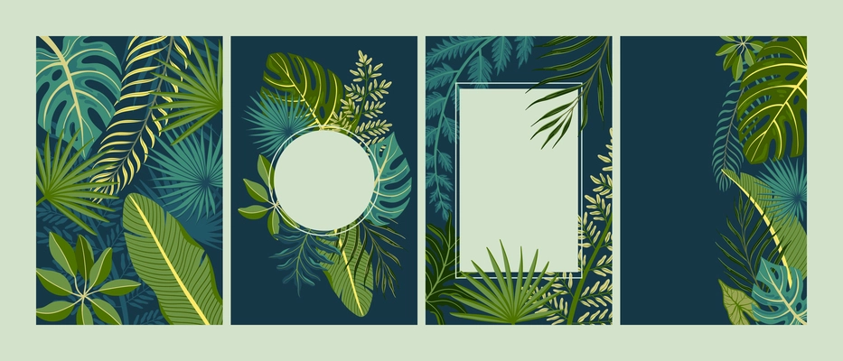 Set of cards with frames in flat style with green tropical leaves isolated vector illustration