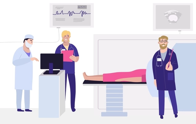 Medical examination flat composition with indoor clinic view and characters of medical specialists with lying patient vector illustration