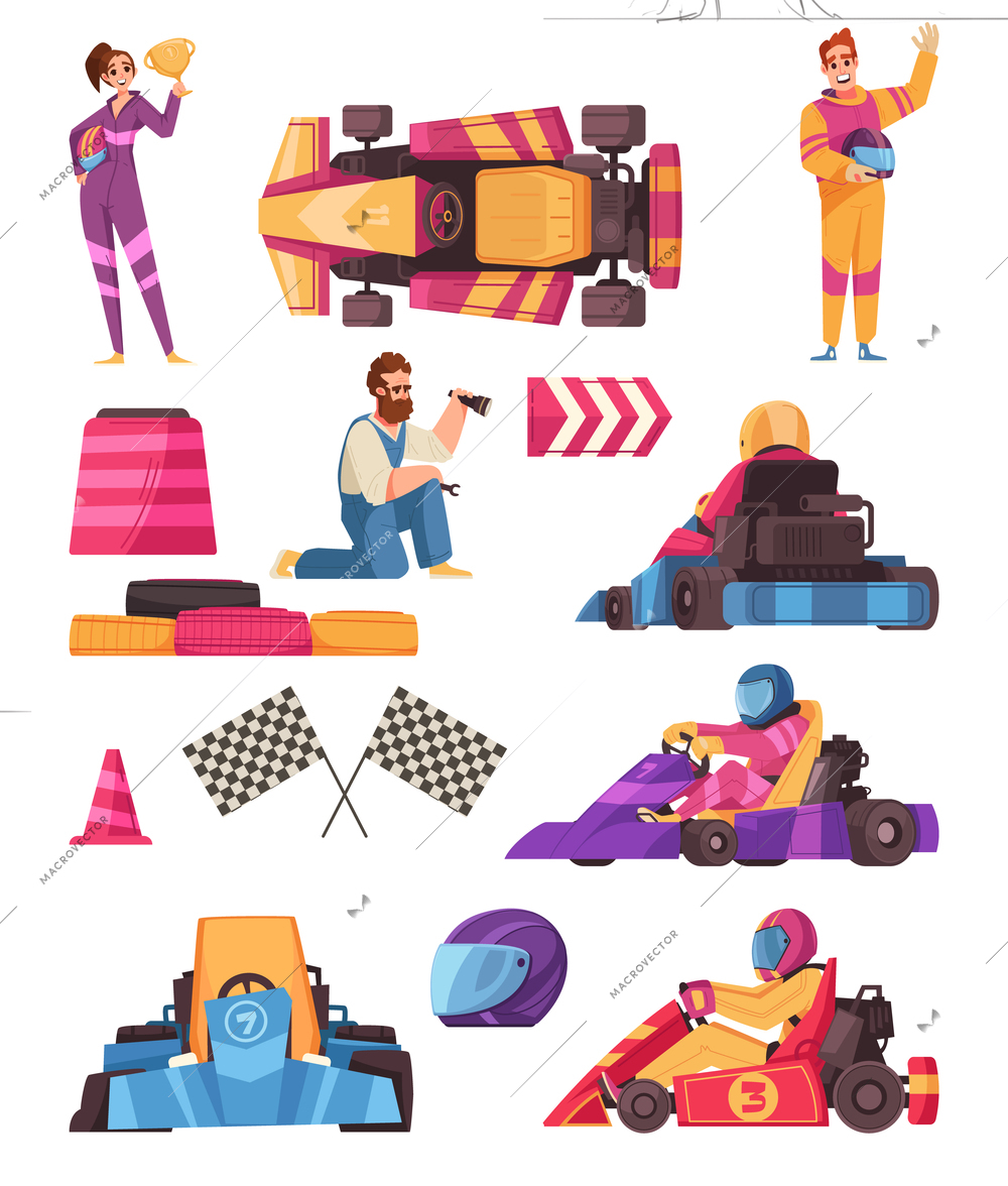 Karting cartoon icons set with racing cars and accessories isolated vector illustration