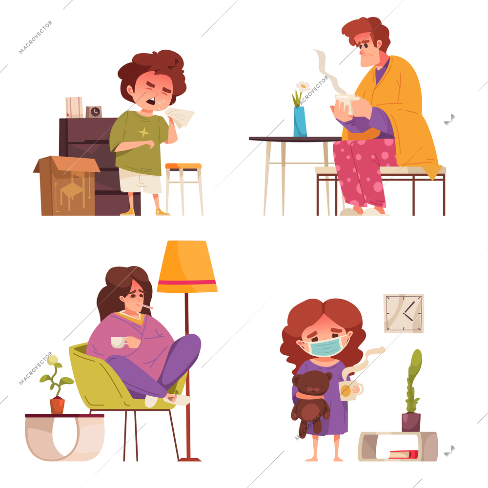 Flu cartoon compositions set with children and adults having virus infection symptoms isolated vector illustration